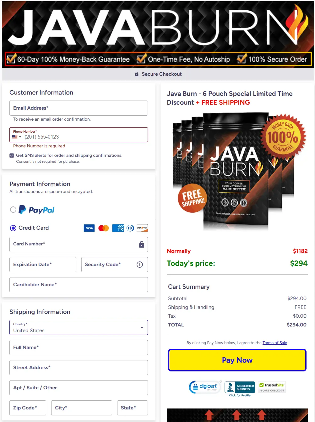 Secure Java Burn checkout page for placing your order